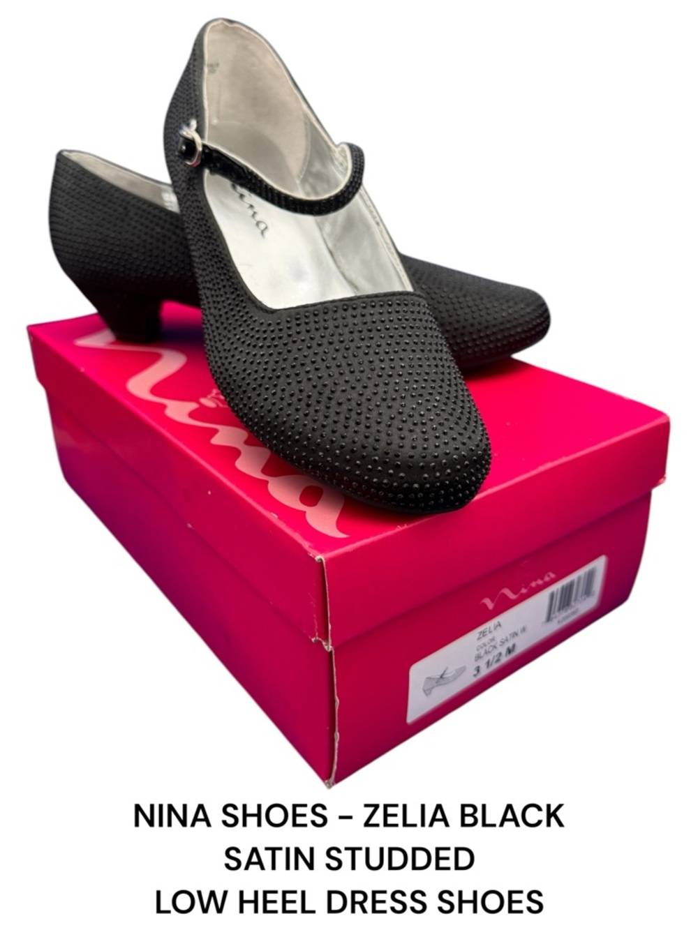 Nina Shoes - Girls Mary Jane Dress Shoes Black Studded Size 3.5 M